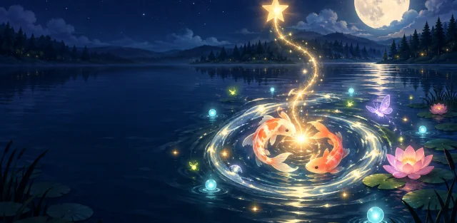 Two koi circling a rising star on a moonlit lake, with glowing fireflies, a moth and a lotus on the water