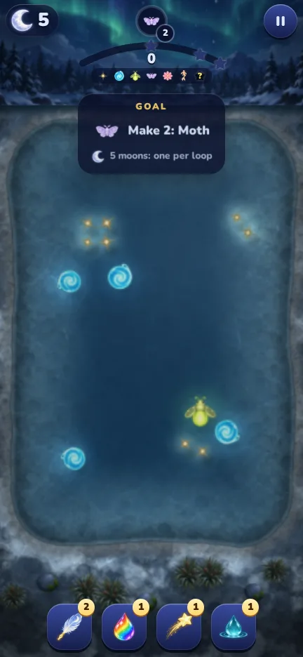 A Frosted Lake level under an aurora, with the goal to make 2 Moths