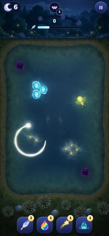 A level on the Moonlit Pond: a ribbon of moonlight is being drawn around three glowing blue Glimmers