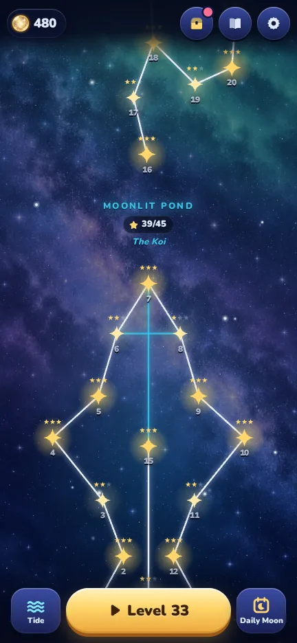 The night-sky map: levels are stars joined into the Koi constellation, with Tide and Daily Moon buttons