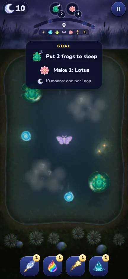A Misty Marsh level with fog banks, two frogs and the goal: put 2 frogs to sleep and make a Lotus