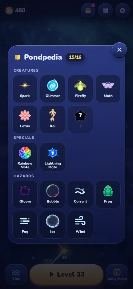The Pondpedia collection showing discovered creatures, specials and hazards