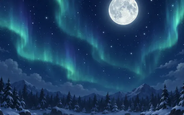 Green northern lights and a full moon over snowy pines and a frozen lake