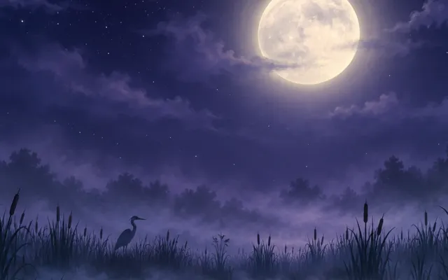 A violet marsh at night: reeds, drifting mist and a heron under the moon
