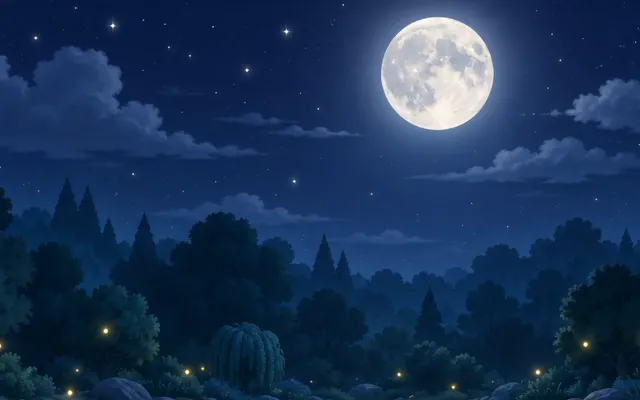 A full moon over a dark forest and a still pond